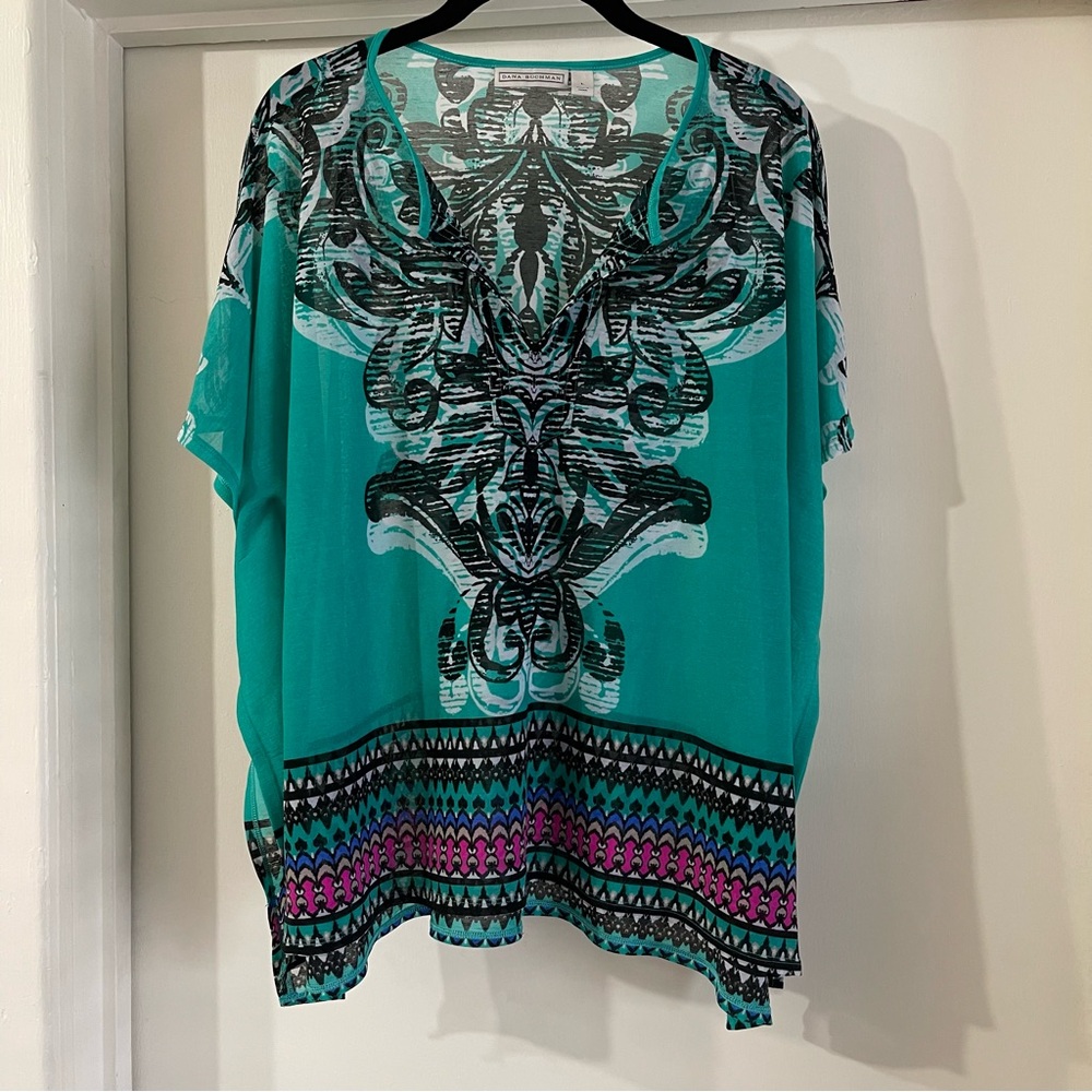 Dana Buchman Teal and Black Patterned Blouse Sheer Size Large Colorful